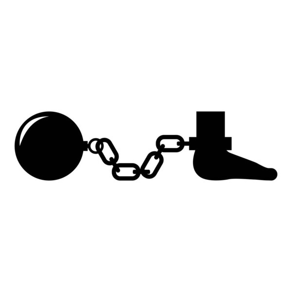 Ball and chain attached foot Silhouette pulling weights Leg with cargo Punishment icon black color vector illustration image flat style simple
