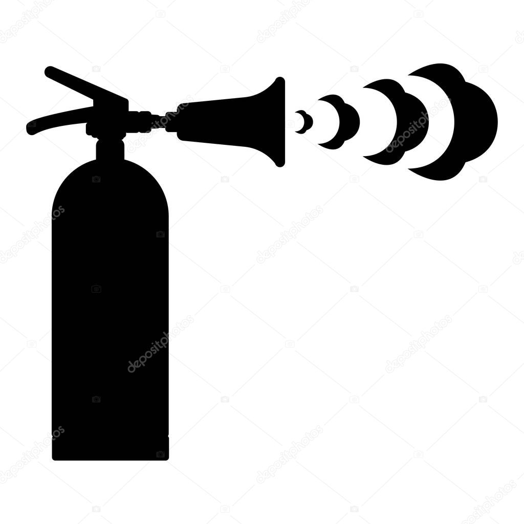 Fire extinguisher in action with foam bubbles jet for extinguishing puts out fire fighting icon black color vector illustration image flat style simple