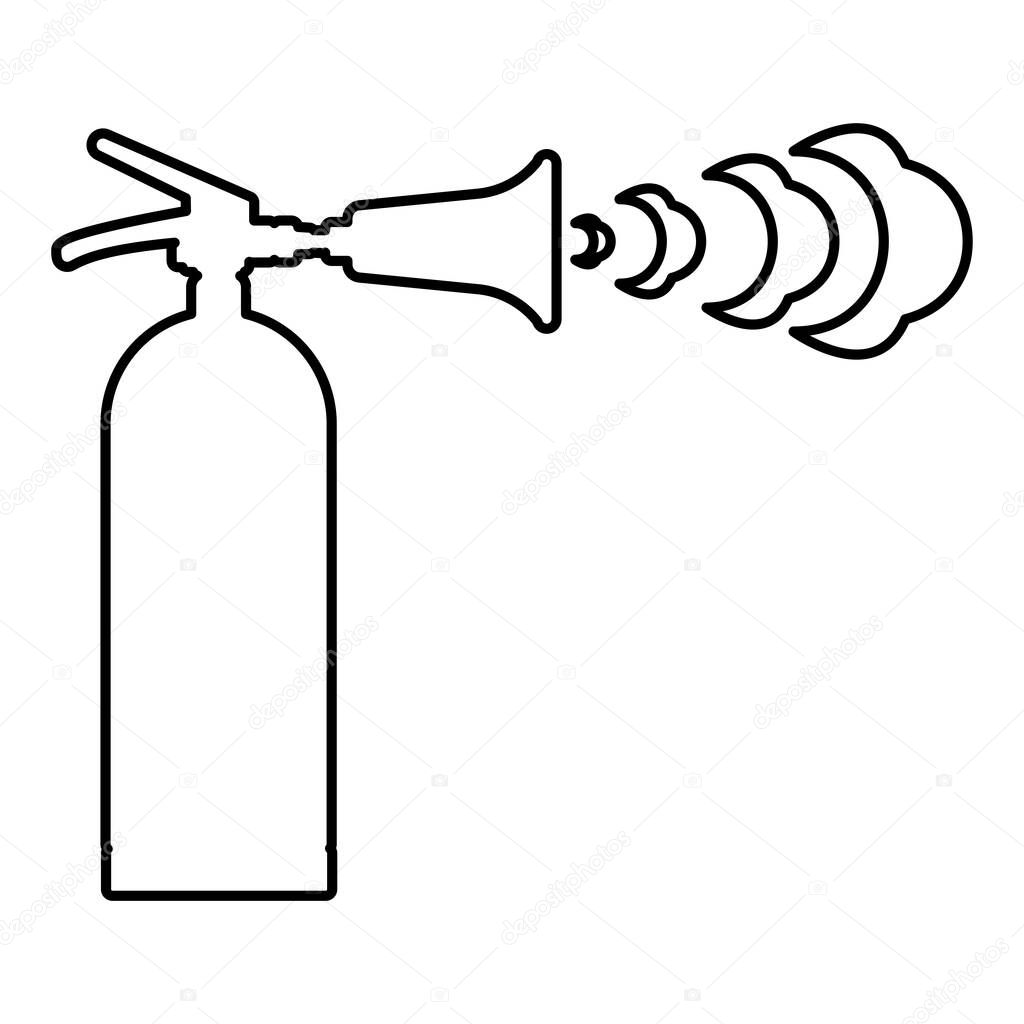 Fire extinguisher in action with foam bubbles jet for extinguishing puts out fire fighting contour outline line icon black color vector illustration image thin flat style simple