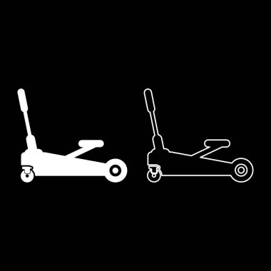 Jack hidrolik arabası tekerlekler üzerinde kaldırılırken otomatik tamir hizmeti simgesi beyaz renk vektör illüstrasyon resmi basit düz çizgi dış hatları ince düz