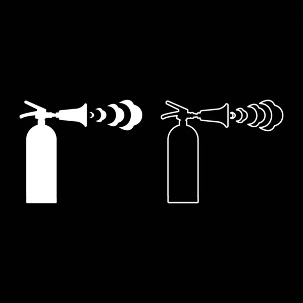 Fire extinguisher in action with foam bubbles jet for extinguishing puts out fire fighting set icon white color vector illustration image simple solid fill outline contour line thin flat style