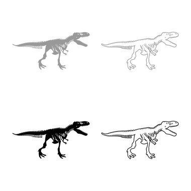 Dinozor iskeleti tyrannosaurus rex kemikleri siluetler simge gri siyah renk çizim resmi basit düz çizgi dış hat ince düz