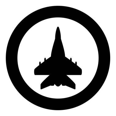 Jet uçağı avcı uçağı reaktif askeri takip simgesi yuvarlak siyah renk vektör illüstrasyon görüntüsü katı ana hat biçimi basit