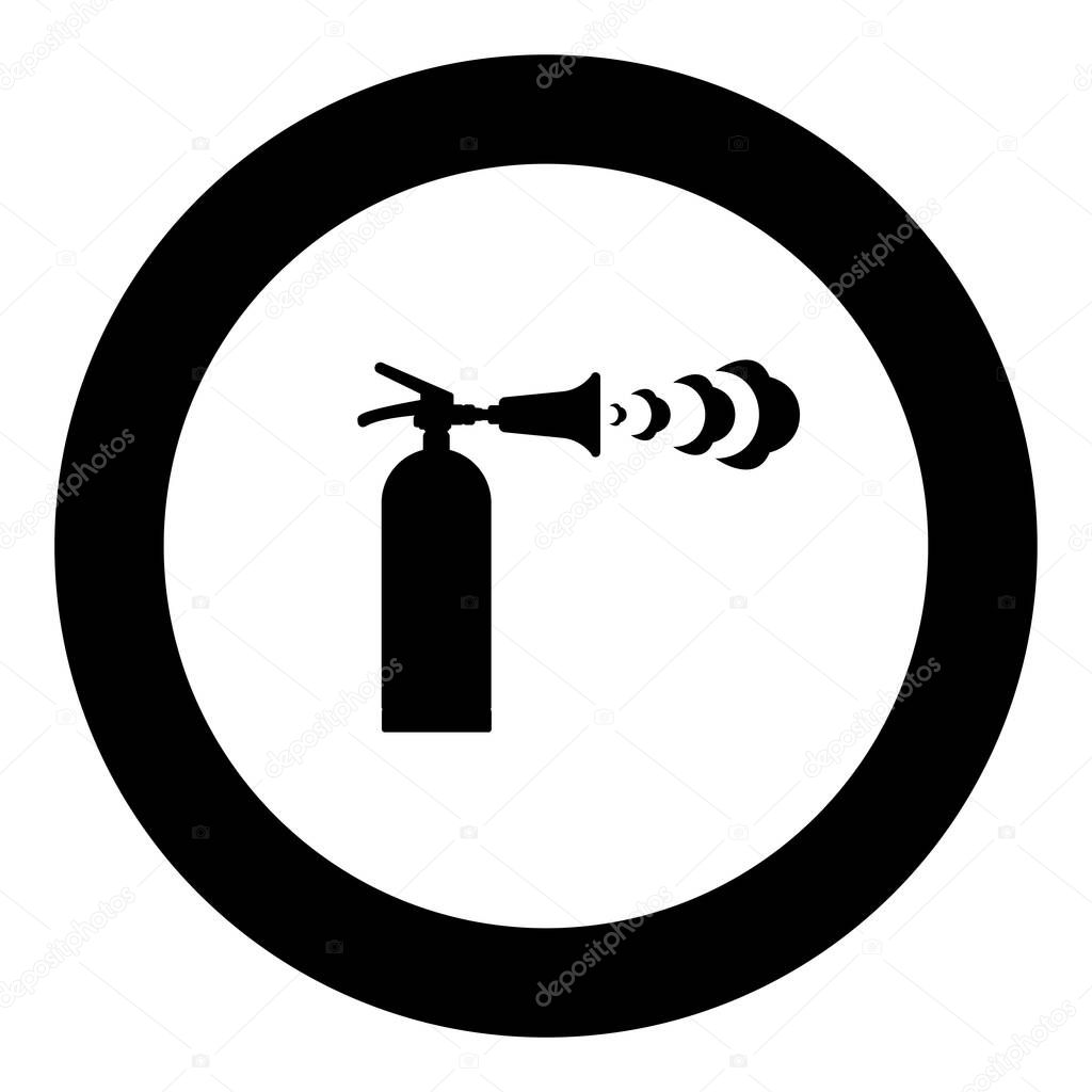 Fire extinguisher in action with foam bubbles jet for extinguishing puts out fire fighting icon in circle round black color vector illustration image solid outline style simple