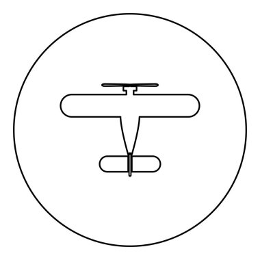 Propelier uçak retro vintage küçük uçak tek motor simgesi dairesel siyah renk vektör illüstrasyon resim dış hat ince biçimli basit