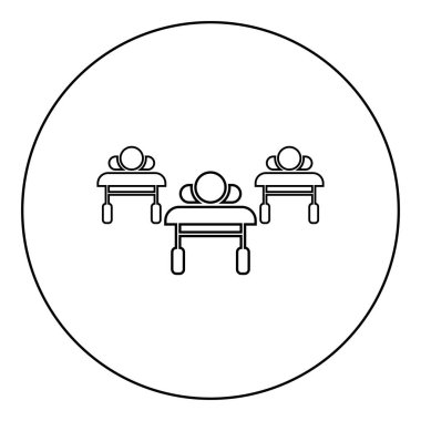 Kanepelerdeki hastalar, hastanede yatan salgın hastalık konsepti klinik salgın ikonu yuvarlak, siyah renkli resim çizimi çizgisi ince bir çizgi şeklinde.
