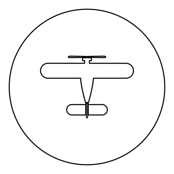 円形の黒のカラーベクトルのイラストのイメージの輪郭線細いスタイルのシンプルな輪郭線のプロペラ機のレトロなヴィンテージの小型飛行機のシングルエンジンのアイコン — ストックベクタ