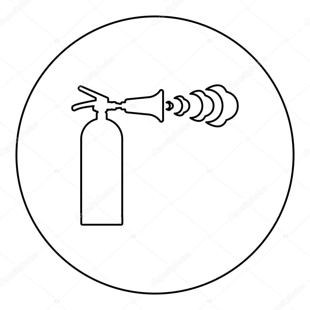 Fire extinguisher in action with foam bubbles jet for extinguishing puts out fire fighting icon in circle round black color vector illustration image outline contour line thin style simple