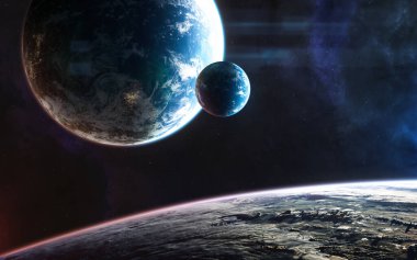 Mavi yıldızın ışığında uzayın derinliklerinde yaşayan gezegenler. Bilim kurgu. Bu görüntünün elementleri NASA tarafından desteklenmektedir