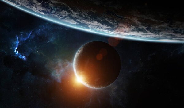 Система далёких планет в космосе с экзопланетами во время восхода солнца 3D рендеринг элементов этого изображения, предоставленного НАСА