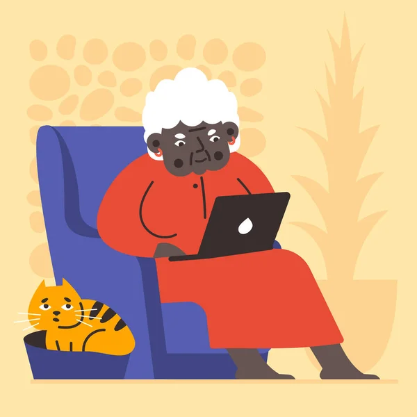 Illustration Advanced Old African American Woman Uses Laptop Ginger Cat — Stock Vector