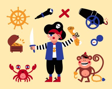 Korsan eşyaların vektör çizimi. Haritalı ve maymunlu korsan çocuk. Bir çocuk kitabı için. Çocuksu gömlek baskısı tasarımı.