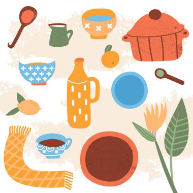 Stylish vector set of ceramic dishes. Plates bowls vases pots spoons and cups. As well as flowers and fruits and a hand towel.