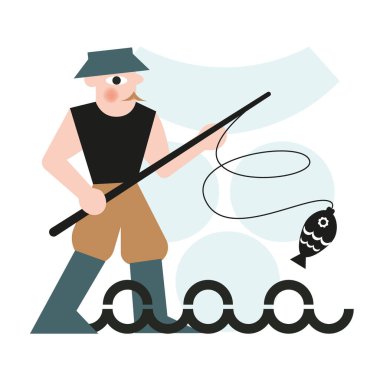 İnsan balıkçısının vektör çizimi. Düz stil, balık tutma, balıkçılar günü. Açık hava reklamları, web, tasarım için.