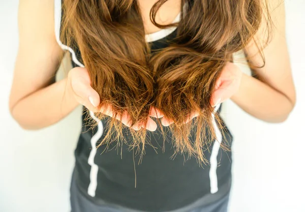 Cropped Shot View Woman Holding Her Damaged Split Ended Hair — Stock Photo, Image
