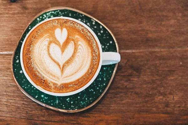 High Angle View Cup Hot Latte Coffee Wooden Table Latte — Stock Photo, Image