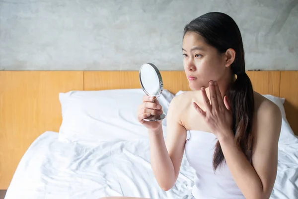 Portrait Asian Woman Worry Her Face She Saw Problem Acne — Stockfoto