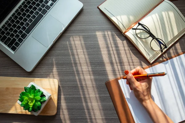 Ofis masasının üstünde bilgisayar, kitap, kalem, gözlük ve şirin kaktüs var. Modern tablo çalışma alanı kavramı.