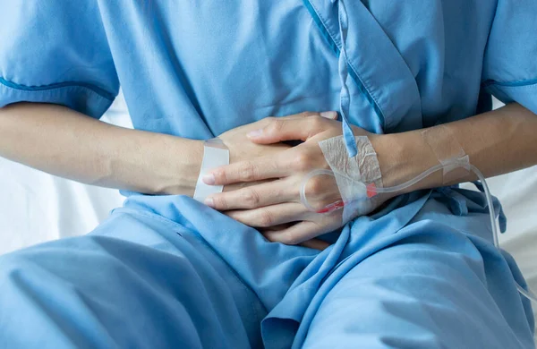 Close Patient Having Painful Stomachache Intravenous Injection Hand Back Conceptual — Stock Photo, Image