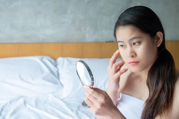 Portrait Asian Woman Worry Her Face She Saw Problem Acne — Fotografia de Stock