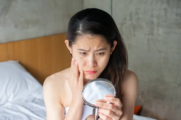 Portrait Asian Woman Worry Her Face She Saw Problem Acne — Fotografia de Stock