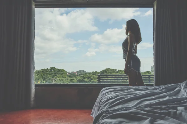 Loneliness Woman Standing Room Looking Out Her Room Thinking Somethings — Foto Stock