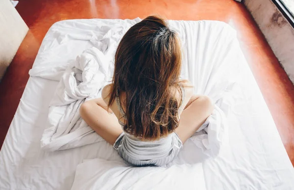 High Angle View Young Woman Feeling Lazy Her Waking Morning — Foto de Stock