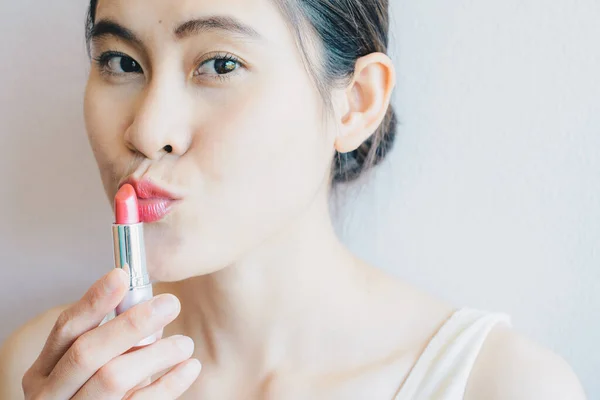 Portrait Asian Woman Holding Lipstick Applying Her Lips Conceptual Beauty — Stockfoto