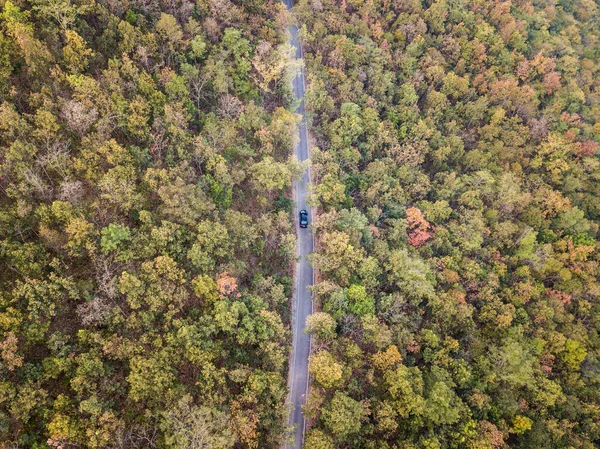 Vista Aérea Del Espeso Bosque Las Colinas Con Carretera Que — Foto de Stock
