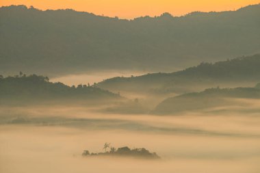 The beautiful scenery view of the mountains range in Phu Lung ka forest park during the sunrise located in Phayao province of Thailand. Tranquility view of the nature's in the morning.