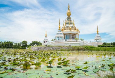 Beautiful scenery view of lotus pool with Maha Rattana Chedi Sri Trai Loka Dhatu an iconic landmark located in Khon Kaen province of Thailand.