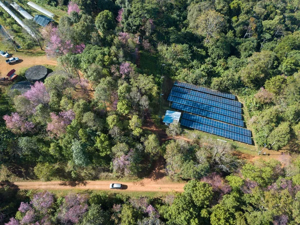 Aerial view of Solar cell panels installation on the Pang Khon mountain in Chiang Rai province, Thailand. Solar panel is an electrical device that converts the energy of light into electricity.