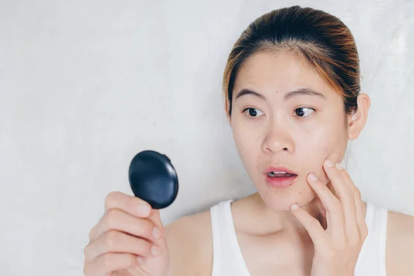 Portrait Asian Woman Shocked She Saw Problem Acne Scar Her — Stockfoto