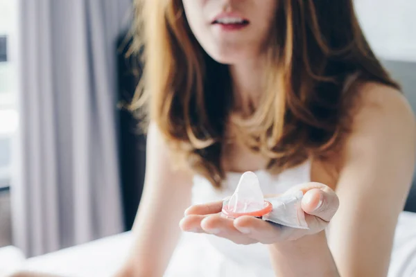 Cropped Shot View Woman Holding Condom Her Hand Using Her — Fotografia de Stock