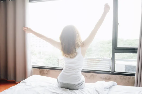 Back View Woman Stretching Bed Waking Morning Start New Day — Foto Stock