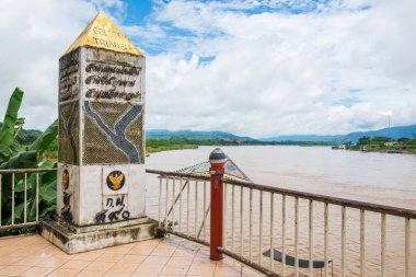 The Golden Triangle sign located at the borders of Thailand, Laos, and Myanmar meet at Mekong rivers. Chiang Rai province of Thailand.