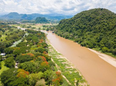The beautiful landscape of the countryside of Chiang Rai province with Mae Kok river. High angle view from drone.