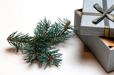 İçinde el sanatları zarfı olan defocus hediye kutusunu aç, beyaz arka planda Noel ağacı dalını kapat. Altın yay. Boş hediye kutusu. Odaklanamıyorum.