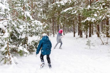 Oğlan kıza bir kartopu attı. Winter Park 'ta kar topu oynayıp dışarıda vakit geçiren komik çocuklar. Kış karlı ormanlık. Soğuk soğuk hava. Ergenlik. Kardeş. Kaç!.