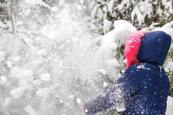 Nastoletnia Dziewczyna Różowym Ciepłym Kapturze Trzęsie Śniegiem Gałęzi Zewnątrz Łonie — Zdjęcie stockowe