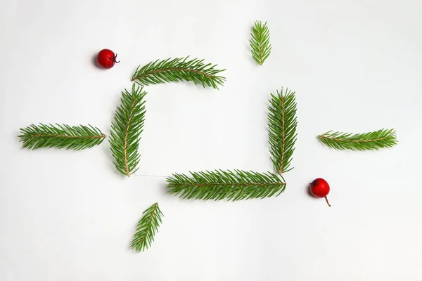 Beyaz arka planda bulunan köknar dalı veya ladin dalı ve kırmızı böğürtlen çerçevesi. Yeşil köknar ağacı dalları. Sınır. Uzayı kopyala Noel deseni. Tasarım şablonu. Beyaz kağıt yaprağı.