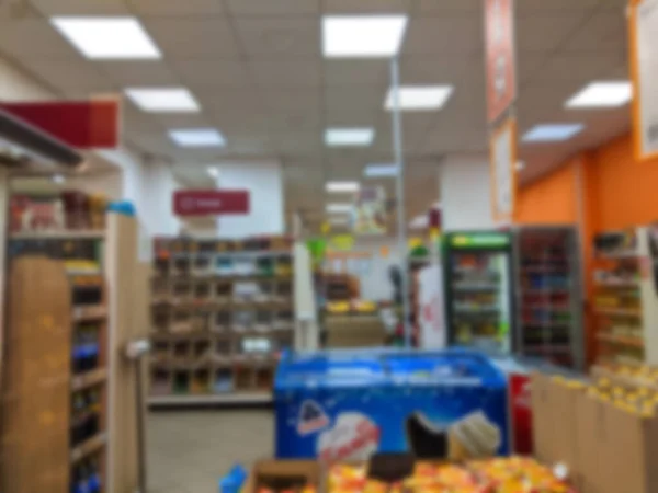 Defocus Supermarket Aisle Shelves Blurred Background Different Products Blurred Supermarket — Stock Photo, Image