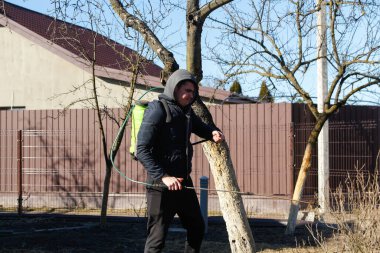 Bahar bahçıvanlığı. Çiftçi bozuntusu, bahar bahçesindeki böceklere elle böcek ilacı püskürtüyor. Tarım ve bahçıvanlık. Kimyasal spreyleme. Ot öldürücü. Kişi. Odaklanamıyorum.