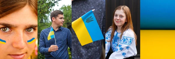 Баннер Украины. Украинский подросток и молодой человек и женщина. Молитесь за — стоковое фото