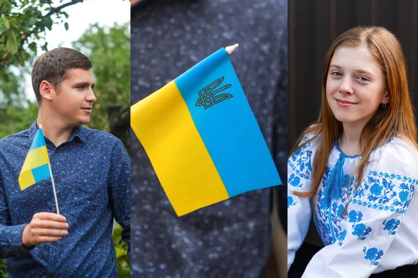 Баннер Украины. Украинский подросток и молодой человек. Молитесь за Украину. — стоковое фото