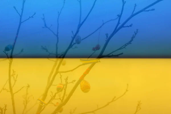 Величезні Прикраси Дереві Весняних Гілок Звисають Ручний Голубий Дім Яскравими — стокове фото