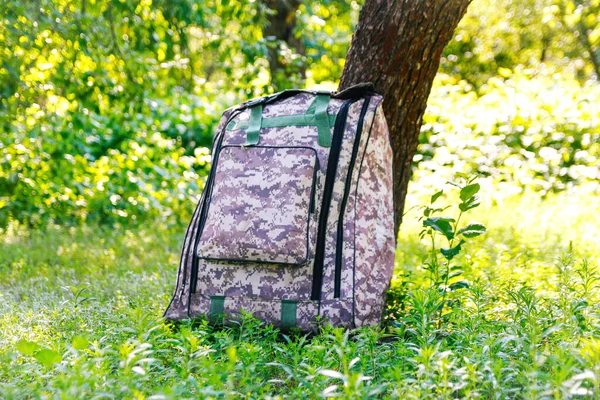 Defocus Military Backpack Army Bag Green Grass Background Tree Military — Stock Photo, Image
