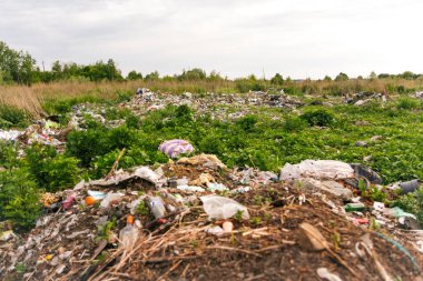 Defocus büyük harabeler, Ukrayna enkazı, savaş. Rus saldırısından sonra ev üstüne ev. Doğal yeşil çimen arka planında büyük bir çöp yığını, küresel ısınma. Kirlilik. Çöp. Tehlike yuvası. Yeşil park. Odaklanamıyorum.
