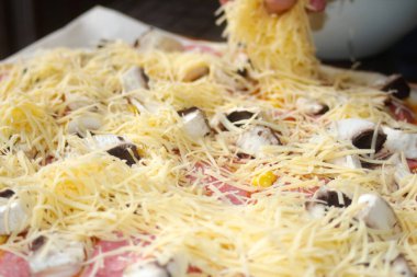 Defocus, üzerine taze rendelenmiş mozzarella peyniriyle tüm pizzayı yakın plan çek. Defocus hamur üzerinde pizza malzemelerini bulanıklaştırdı. Uzayı kopyala İtalyan mutfağı geçmişi. Arkaplan. Odaklanamıyorum.