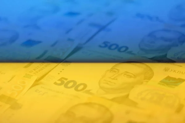 Defocus Ukrainian Money Backdrop Background Five Hundred Hryvnia Banknotes Close — стоковое фото